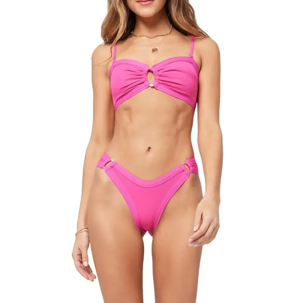 L*SPACE Anna Bikini Bottom Bitsy Cut Bougainvillea Stretch Hip Rings XL NEW - Picture 1 of 8